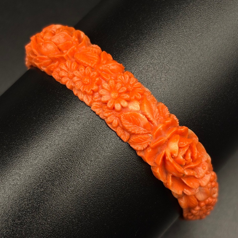 Vintage Celluloid Bangle Orange Molded Flowers Floral 7.75 " - Picture 2 of 7